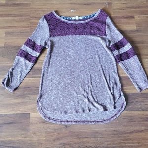 Maroon top with lace neckline trim